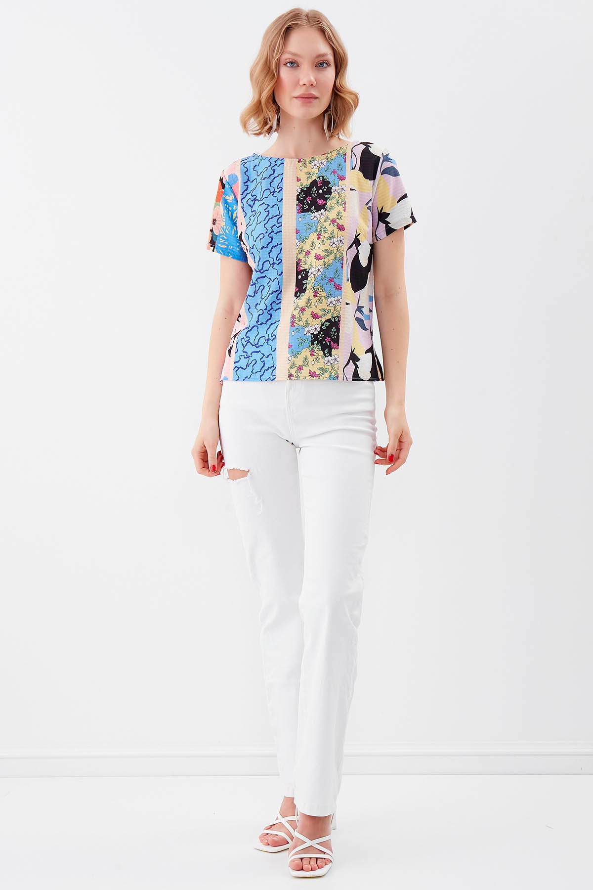 MULTI PATTERNED SHORT SLEEVE BLOUSE