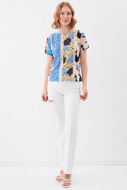 MULTI PATTERNED SHORT SLEEVE BLOUSE