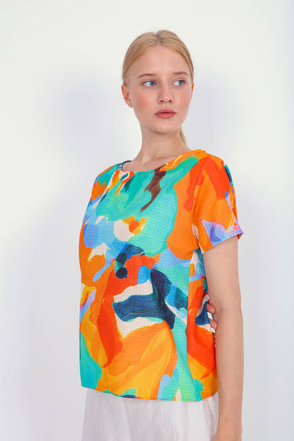 MULTICOLOR PATTERNED SHORT SLEEVE BLOUSE