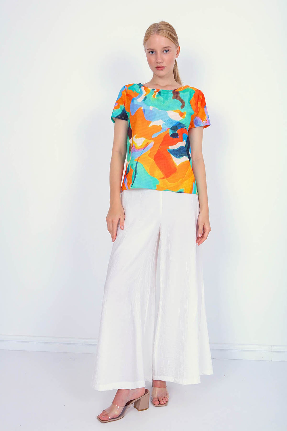 MULTICOLOR PATTERNED SHORT SLEEVE BLOUSE
