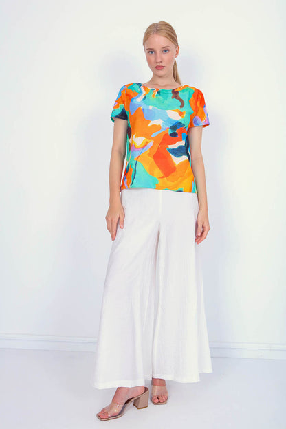 MULTICOLOR PATTERNED SHORT SLEEVE BLOUSE