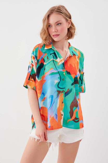 MULTICOLOR PATTERNED SHORT SLEEVE COMFY SHIRT