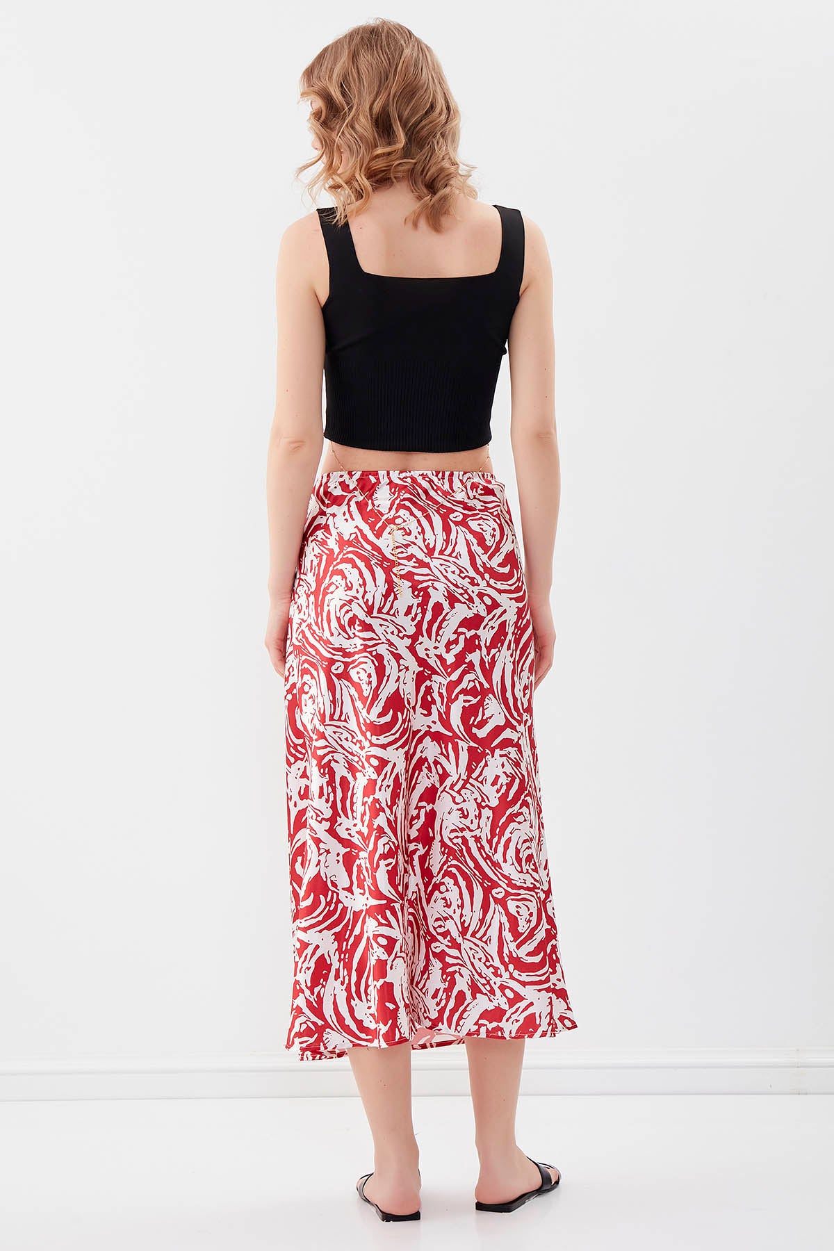 PAINT SPIRAL PATTERNED MIDI-SIZE SATIN SKIRT