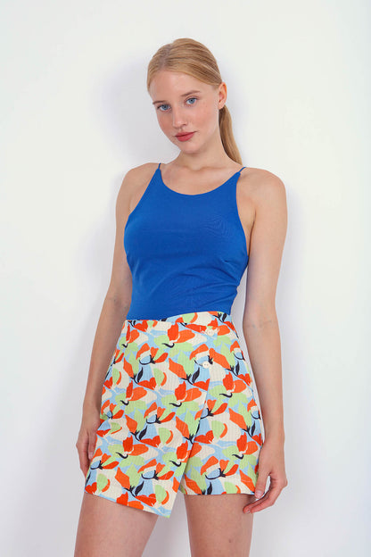 FRONT BUTTON SHORTS SKIRT WITH COLORFUL PATTERN