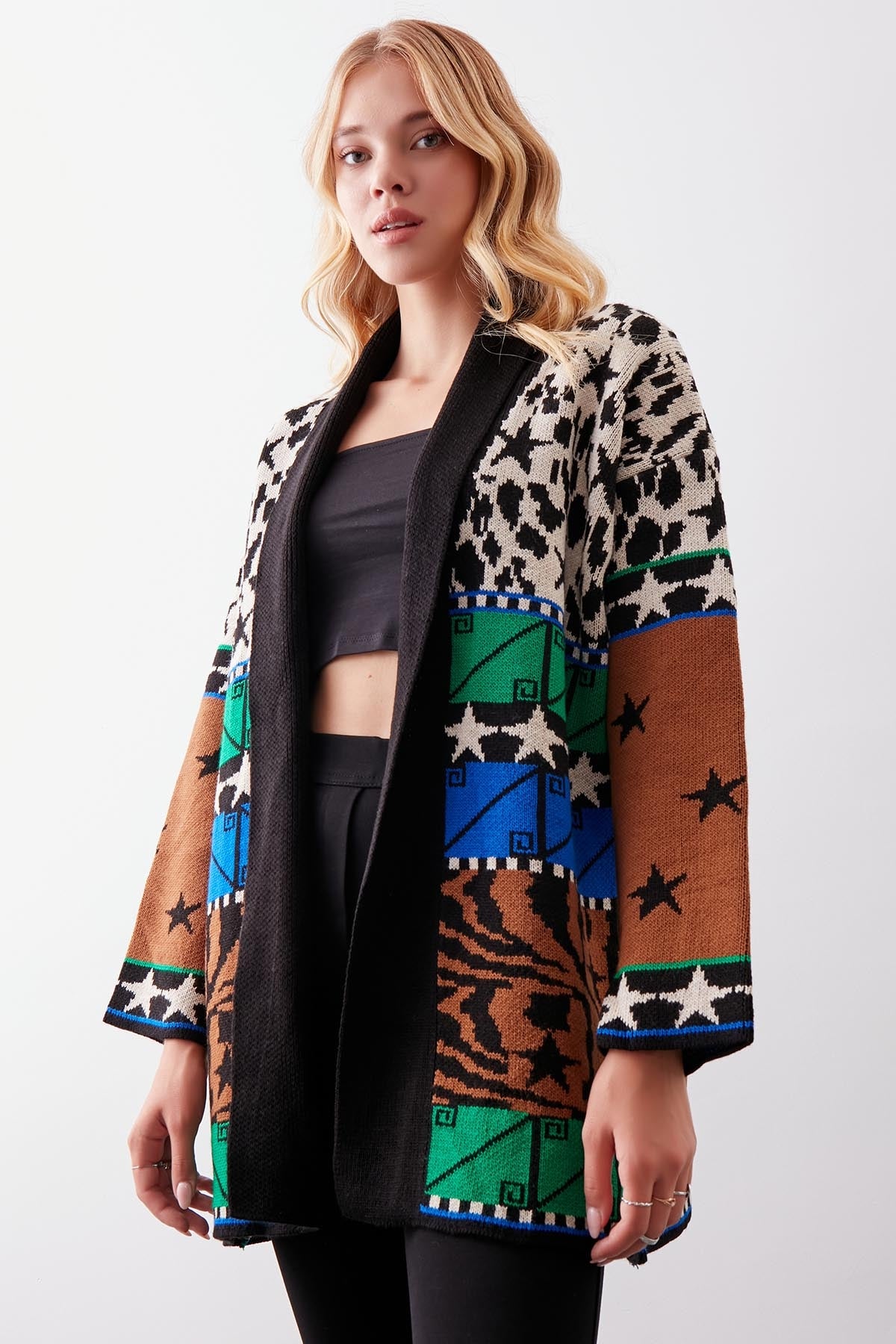 MULTI PATTERNED SHAWL COLLAR BELT KNITTED CARDIGAN