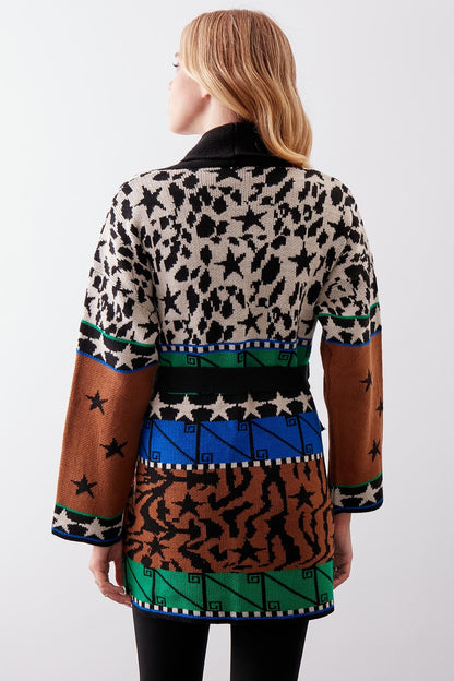 MULTI PATTERNED SHAWL COLLAR BELT KNITTED CARDIGAN