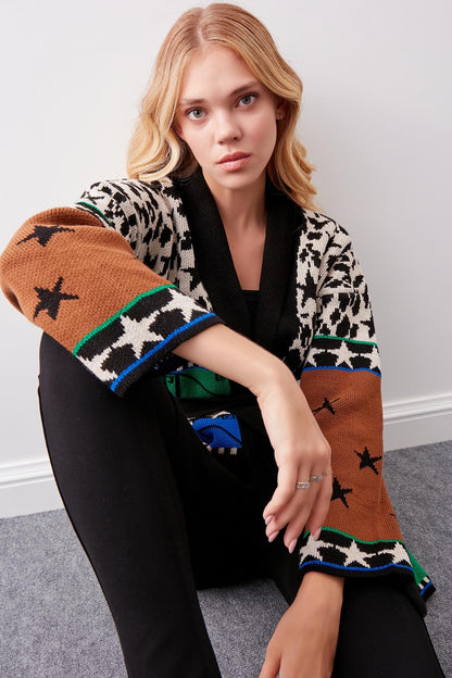 MULTI PATTERNED SHAWL COLLAR BELT KNITTED CARDIGAN