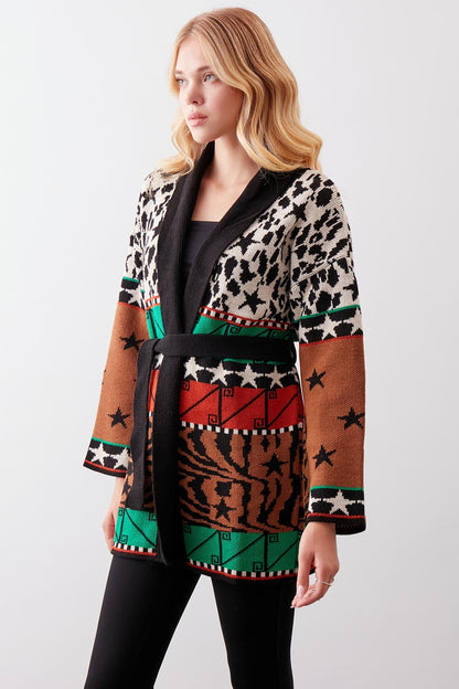 MULTI PATTERNED SHAWL COLLAR BELT KNITTED CARDIGAN