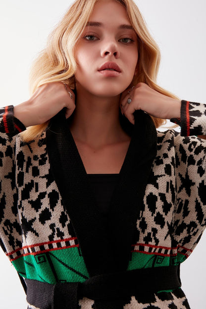 MULTI PATTERNED SHAWL COLLAR BELT KNITTED CARDIGAN