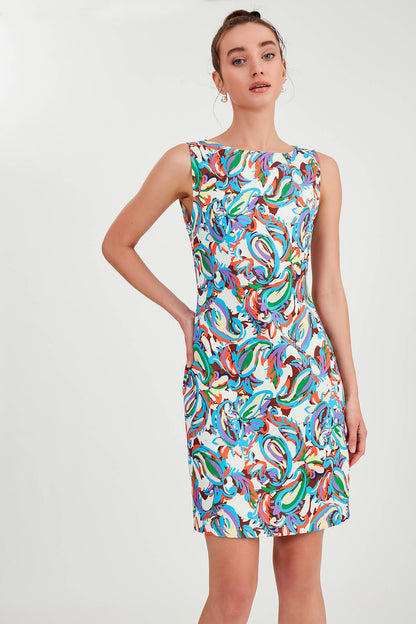 ABSTRACT PATTERNED COLORFUL SLEEVELESS DRESS