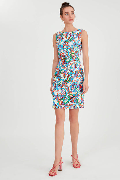 ABSTRACT PATTERNED COLORFUL SLEEVELESS DRESS