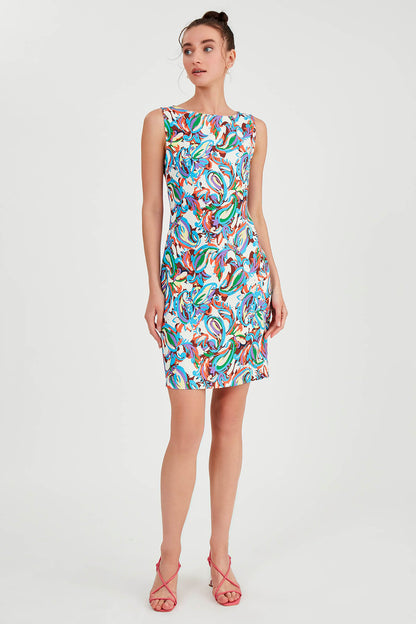 ABSTRACT PATTERNED COLORFUL SLEEVELESS DRESS
