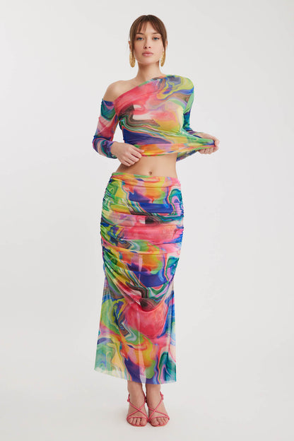 COLRFUL PATTERNED TULIP MIDI SKIRT