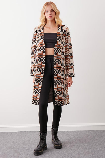 LONG KNITTED CARDIGAN WITH ABSTRACT PATTERN