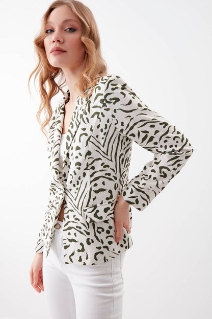 CLASSY PATTERNED LONG COLLARED SINGLE BUTTON BLAZER JACKET