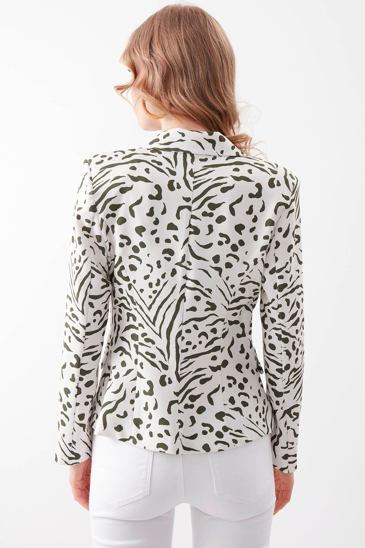 CLASSY PATTERNED LONG COLLARED SINGLE BUTTON BLAZER JACKET