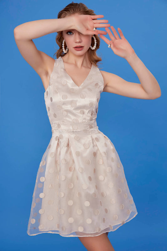 DOT PATTERNED V COLLAR DRESS