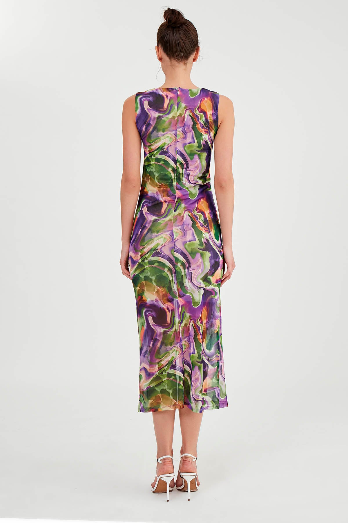 COLORFUL PATTERNED SIDE RUCKLED LONG DRESS