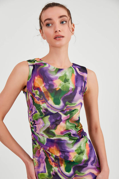 COLORFUL PATTERNED SIDE RUCKLED LONG DRESS