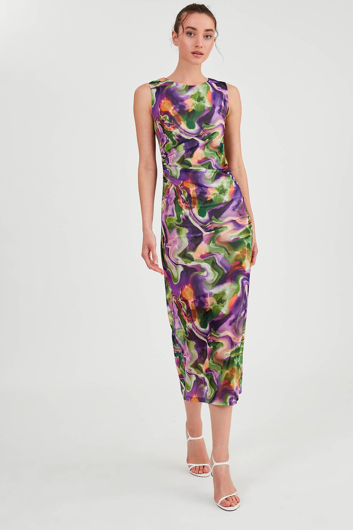 COLORFUL PATTERNED SIDE RUCKLED LONG DRESS