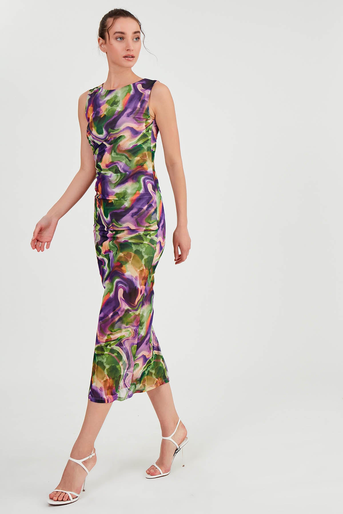 COLORFUL PATTERNED SIDE RUCKLED LONG DRESS