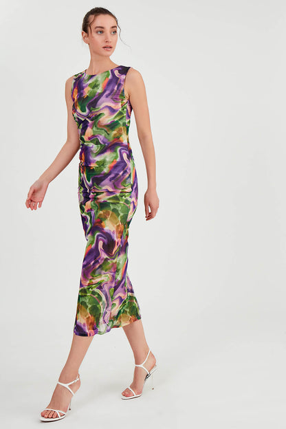 COLORFUL PATTERNED SIDE RUCKLED LONG DRESS