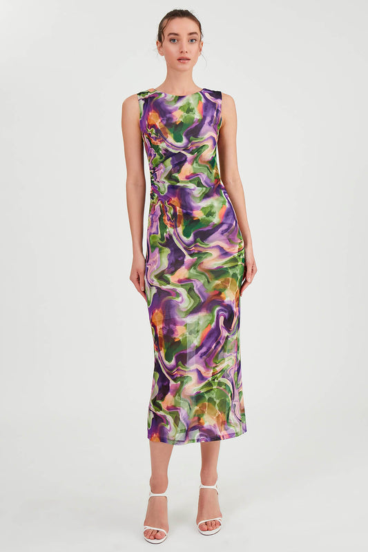 COLORFUL PATTERNED SIDE RUCKLED LONG DRESS