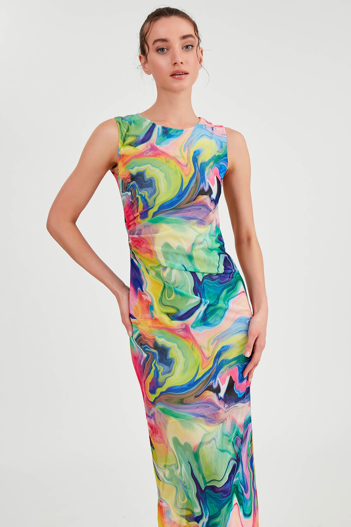 COLORFUL PATTERNED SIDE RUCKLED LONG DRESS