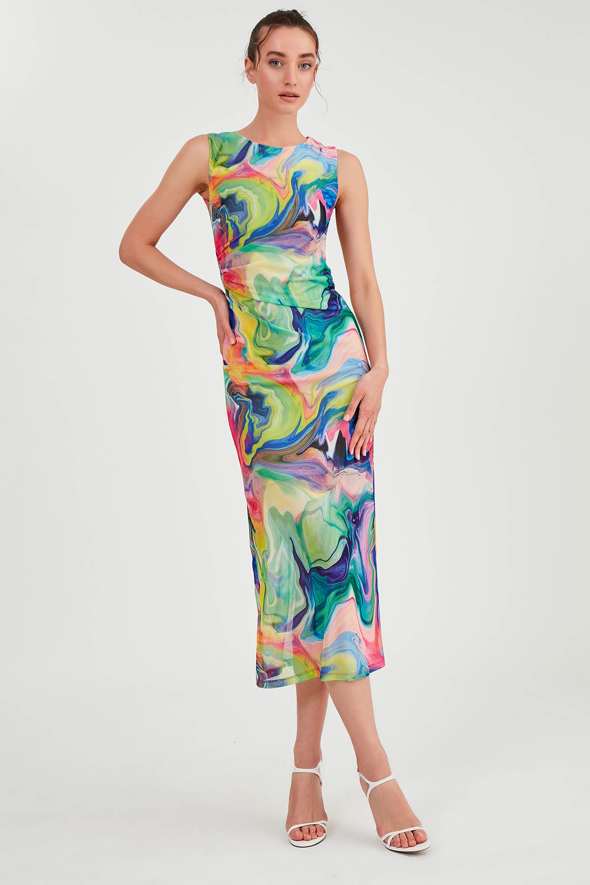 COLORFUL PATTERNED SIDE RUCKLED LONG DRESS