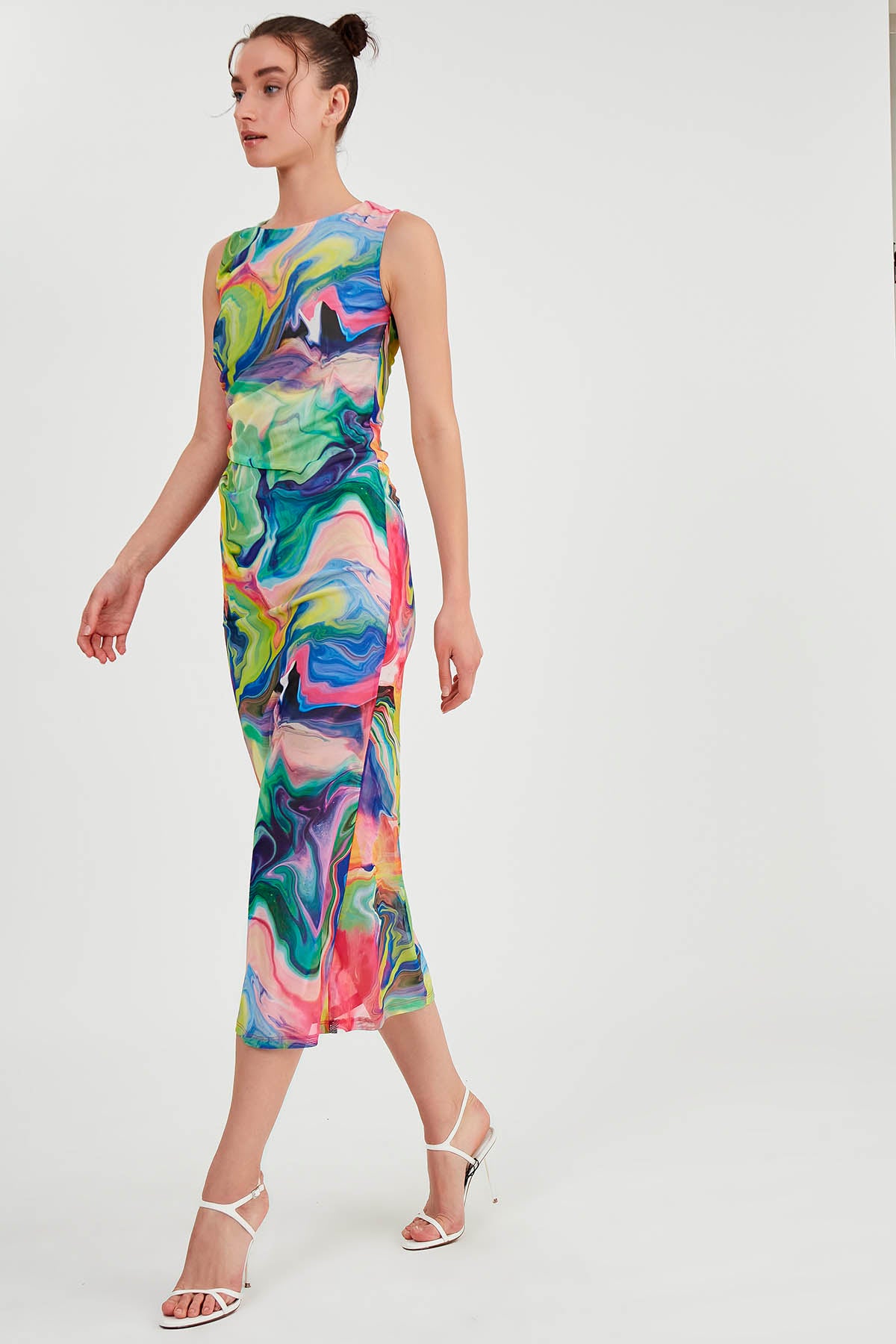 COLORFUL PATTERNED SIDE RUCKLED LONG DRESS