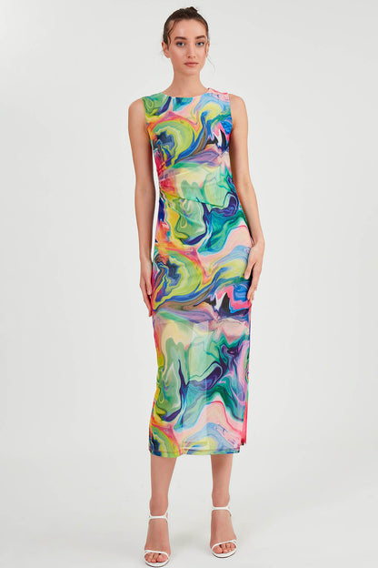 COLORFUL PATTERNED SIDE RUCKLED LONG DRESS