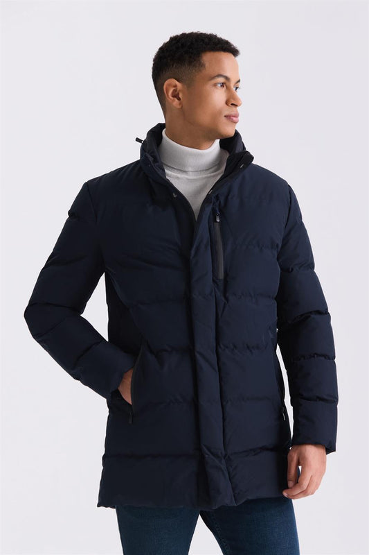 Navy Regular Fit Judge Collar Sewn Winter Bloated Jacket
