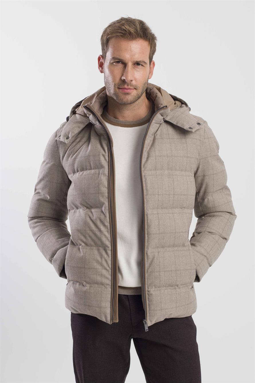 Beige Comfort Fit Plaid Brown Hoodie Jacket