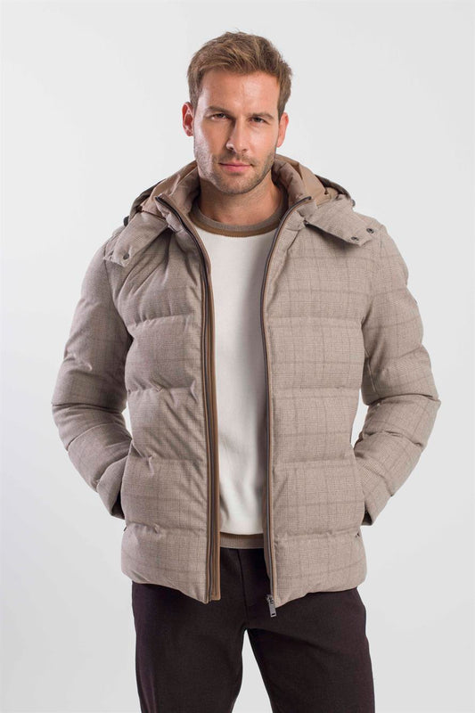 Beige Comfort Fit Plaid Brown Hoodie Jacket