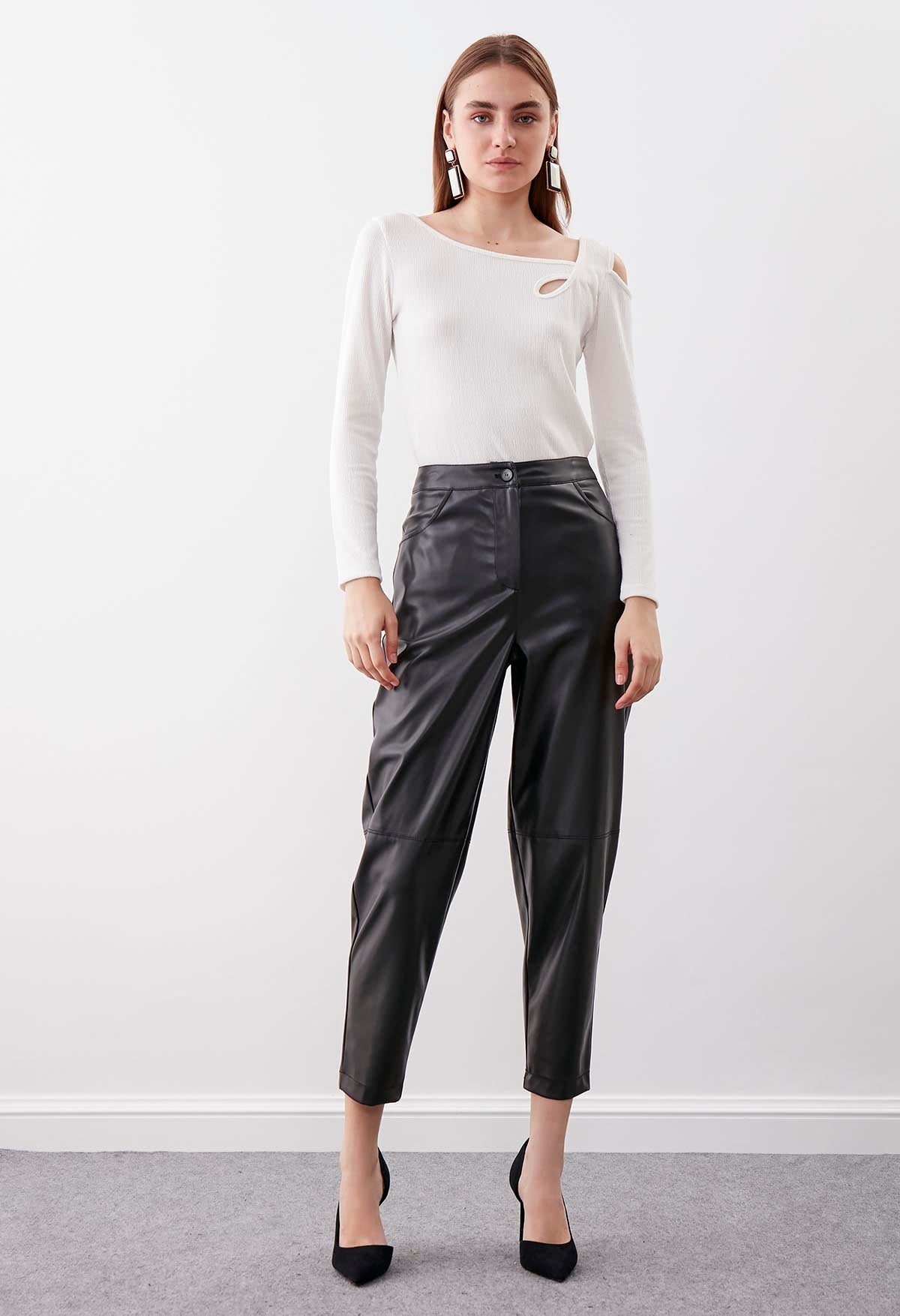 DETAILED FAUX LEATHER BLACK TROUSERS