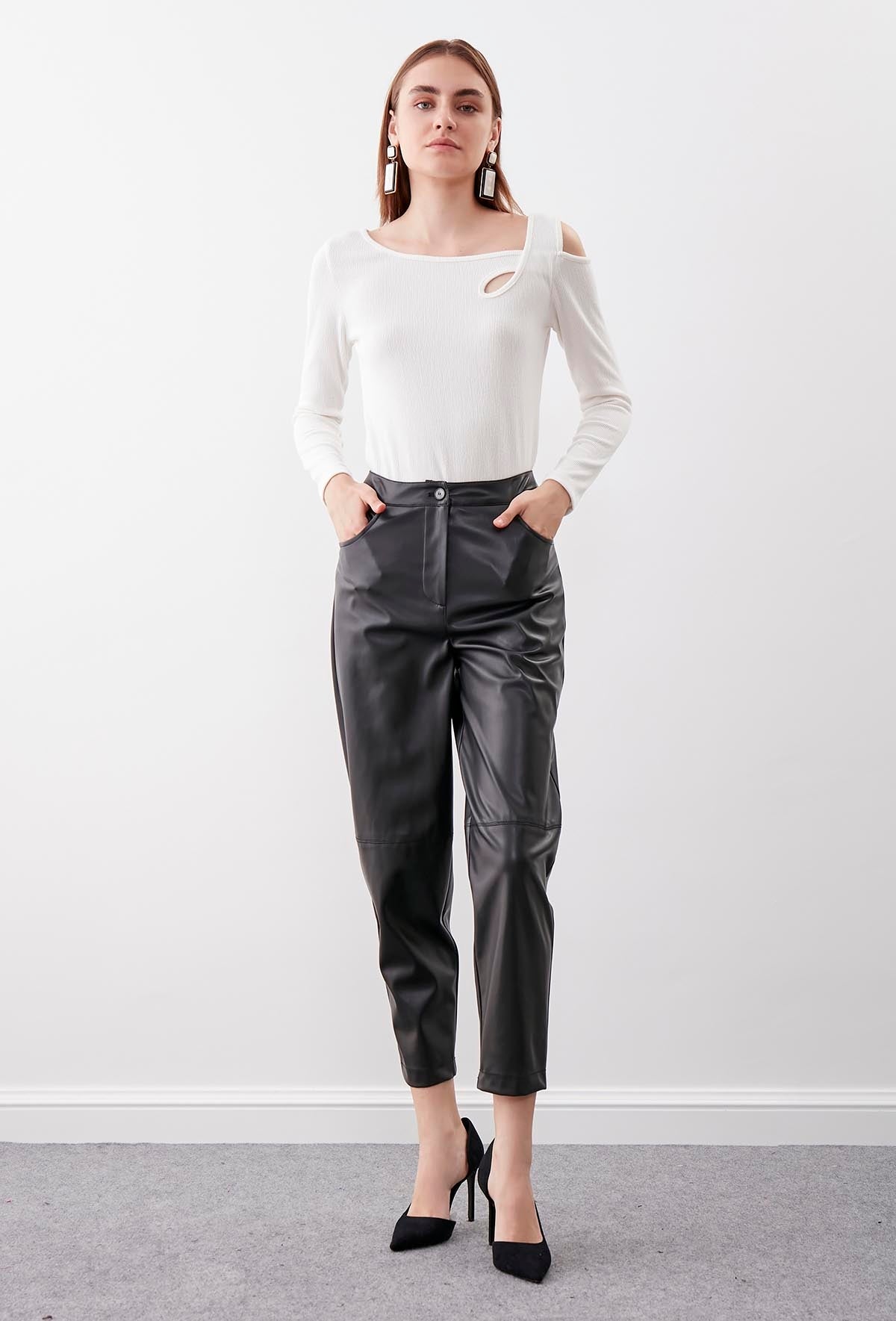 DETAILED FAUX LEATHER BLACK TROUSERS