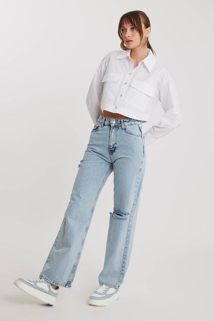 TORN WIDE LEG 90'S JEANS BLUE