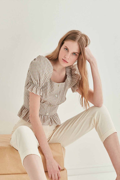 BUTTON DETAILED CHECKERED BLOUSE