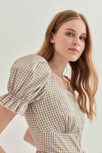 BUTTON DETAILED CHECKERED BLOUSE