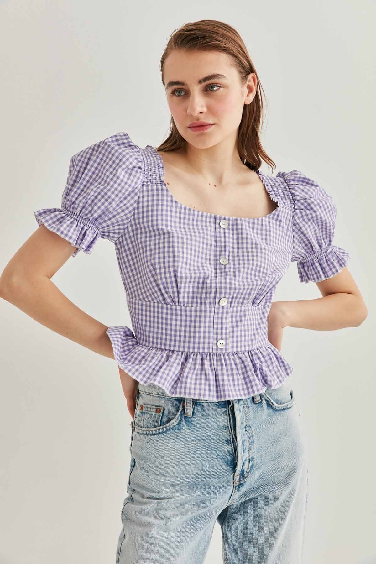 BUTTON DETAILED CHECKERED BLOUSE