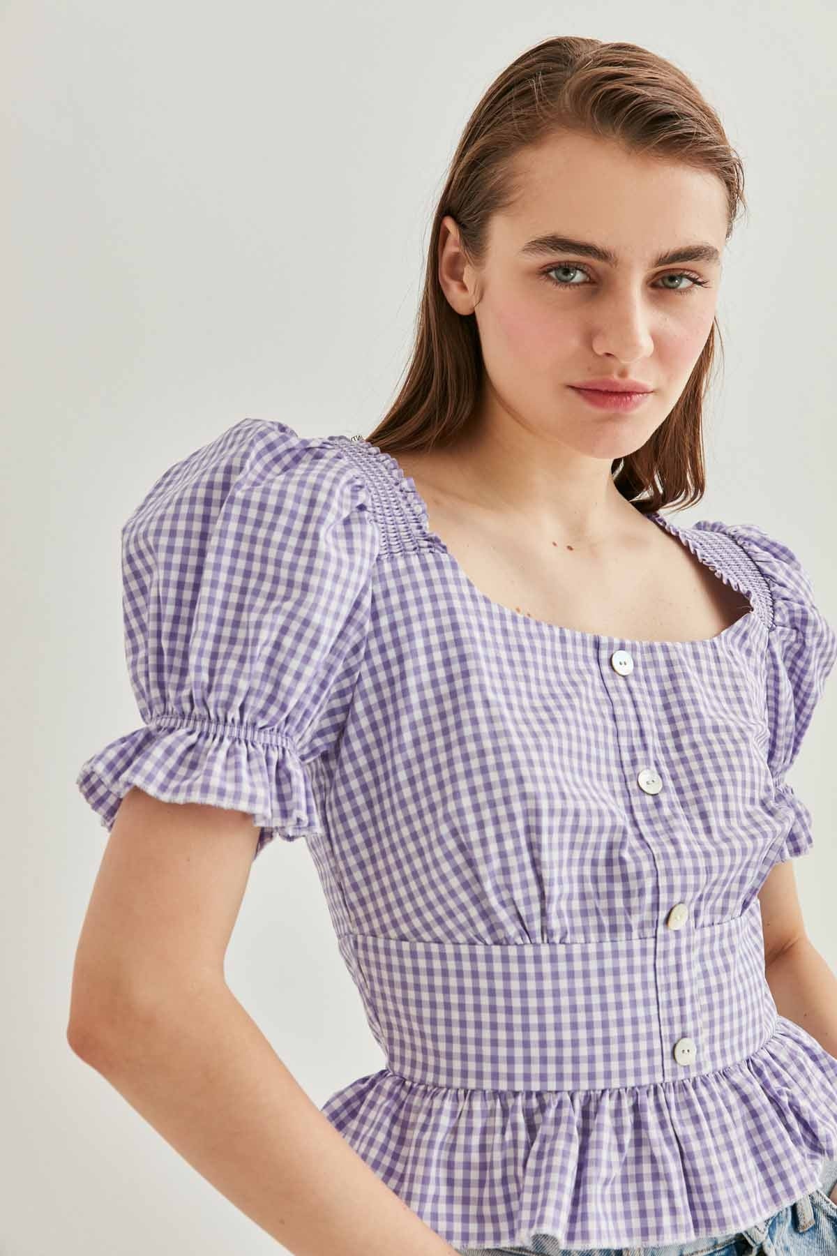 BUTTON DETAILED CHECKERED BLOUSE