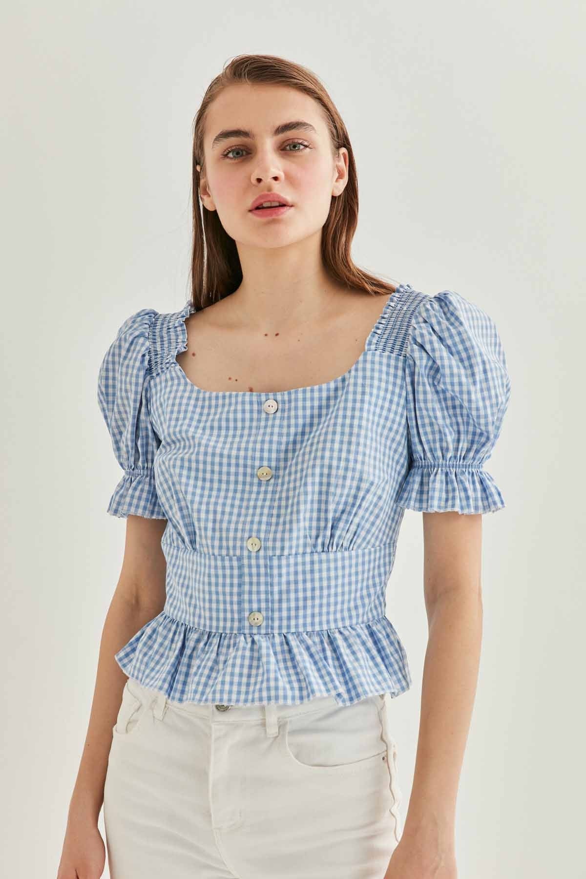 BUTTON DETAILED CHECKERED BLOUSE