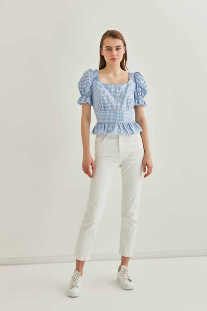 BUTTON DETAILED CHECKERED BLOUSE
