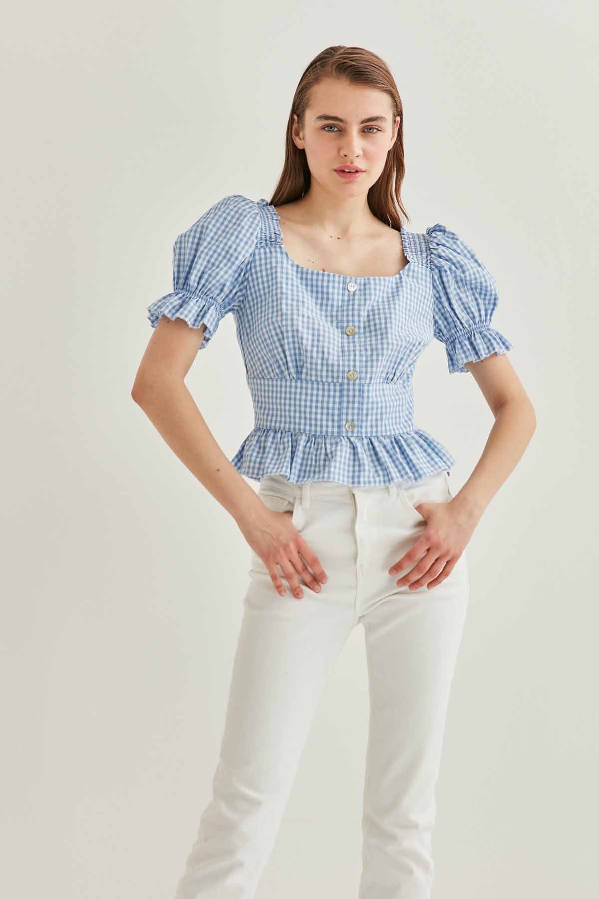 BUTTON DETAILED CHECKERED BLOUSE
