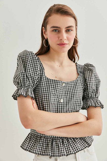 BUTTON DETAILED CHECKERED BLOUSE