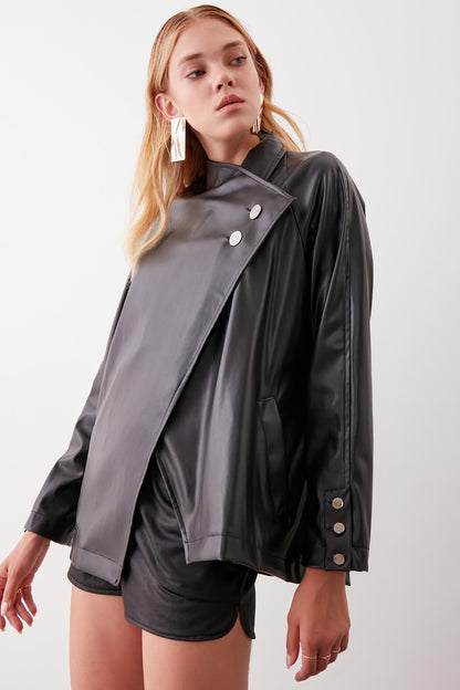 BUTTONED SHAWL COLLAR LEATHER JACKET