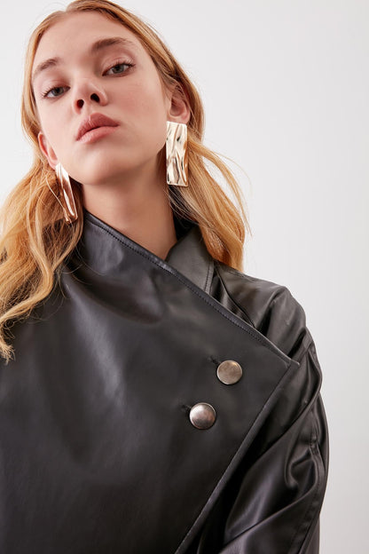 BUTTONED SHAWL COLLAR LEATHER JACKET