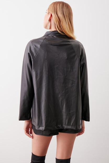 BUTTONED SHAWL COLLAR LEATHER JACKET