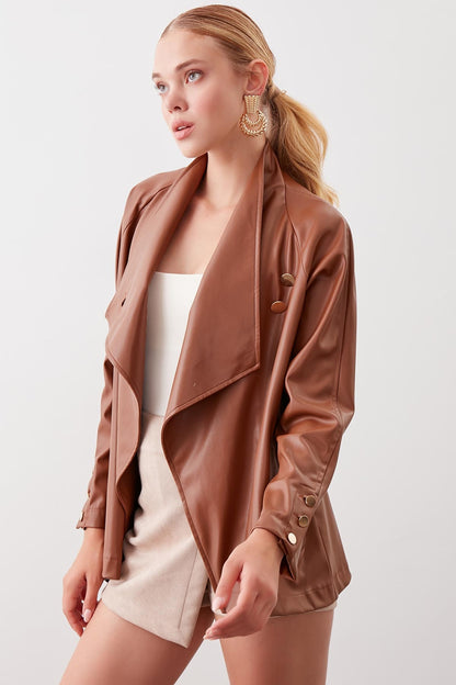 BUTTONED SHAWL COLLAR LEATHER JACKET