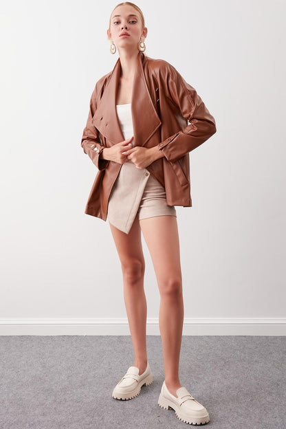 BUTTONED SHAWL COLLAR LEATHER JACKET